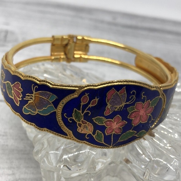 Vintage cloisonne blue gold clamper/hinge bracelet - Picture 2 of 6